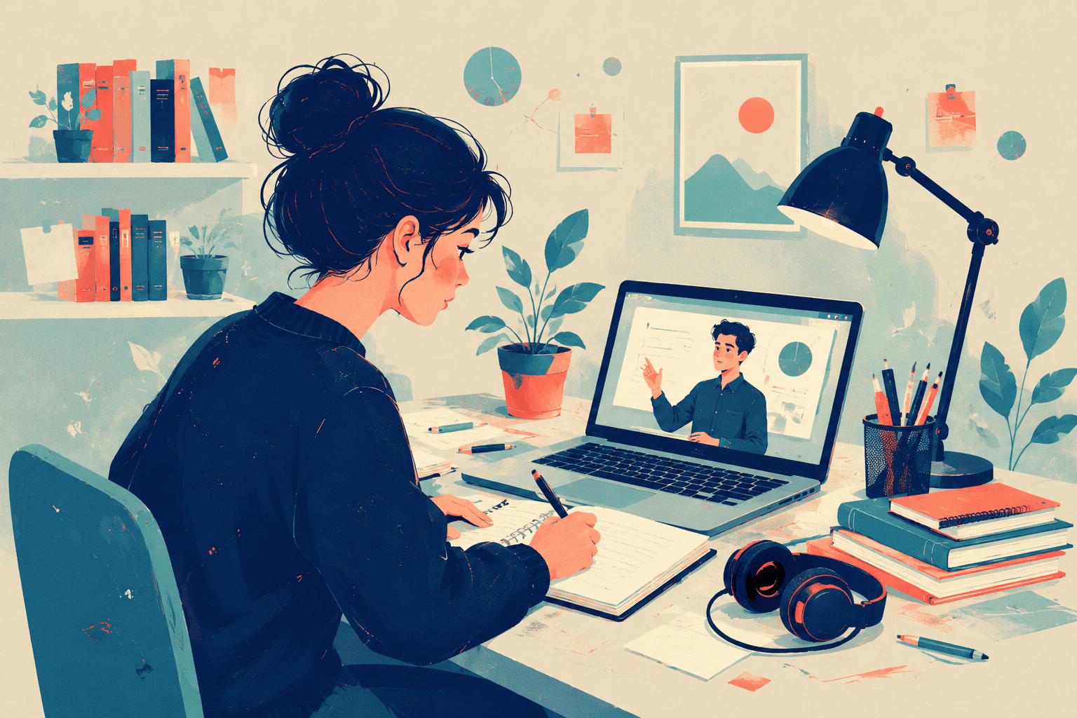 studentessa studia nella sua stanza da remoto