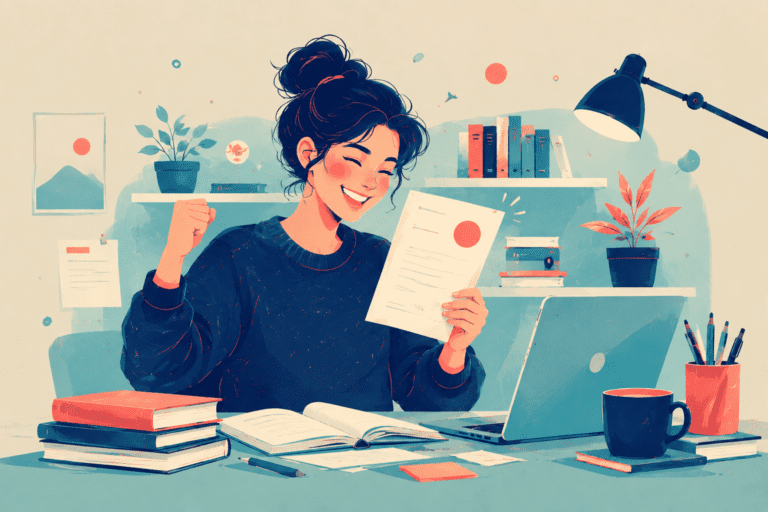 ragazza felice festeggia per la sua nuova certificazione